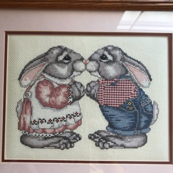 Handmade Complete Cross Stitch Bunnies Professionally Framed & Matted w/Glass - Picture 2 of 6